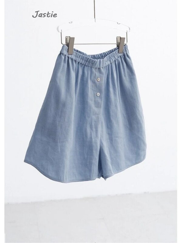 Set blus dan celana pendek wanita, pakaian 2 potong kasual campuran katun biru lengan pendek kancing celana panjang longgar musim panas