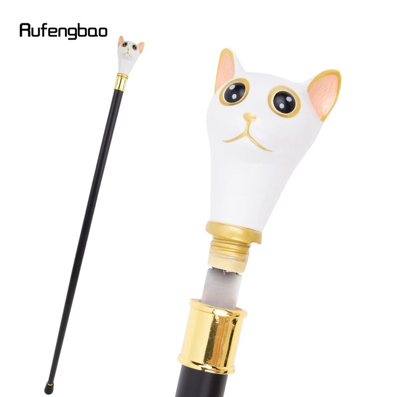 White Golden Cat Gentleman Kitten Single Joint Golden Walking Stick with Hidden Plate Self Defense Fashion Crosier Stick 93cm