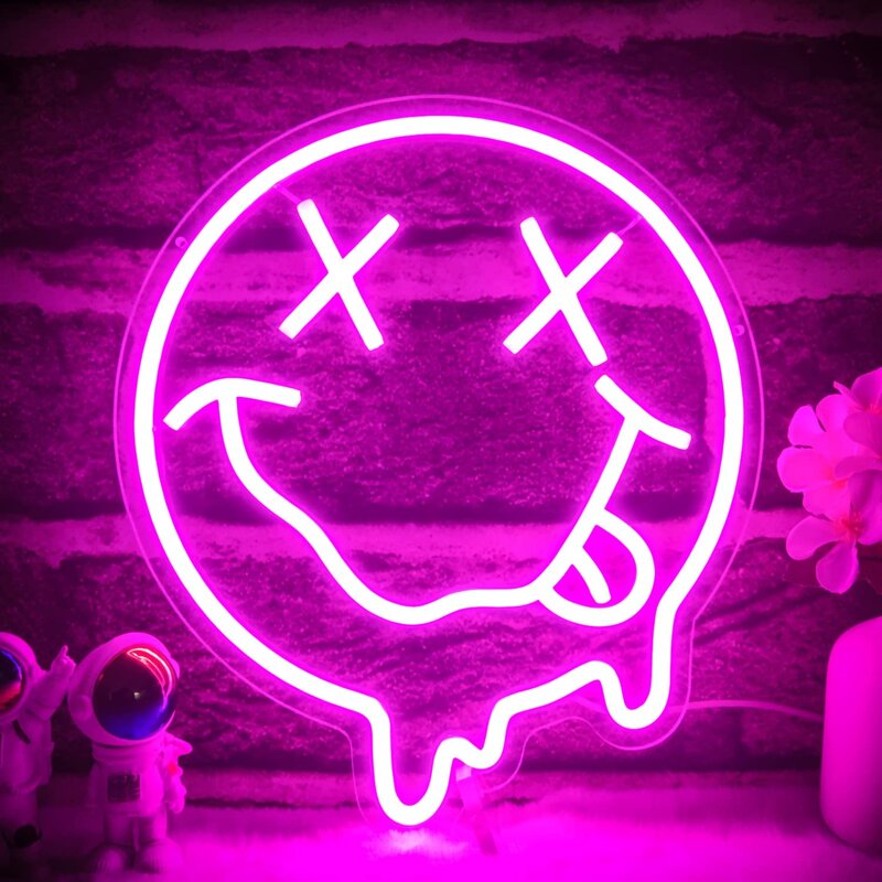 Letrero de neón con cara sonriente, letrero LED regulable para decoración de pared, dormitorio, habitación de niños, fiesta, decoración artística de pared rosa