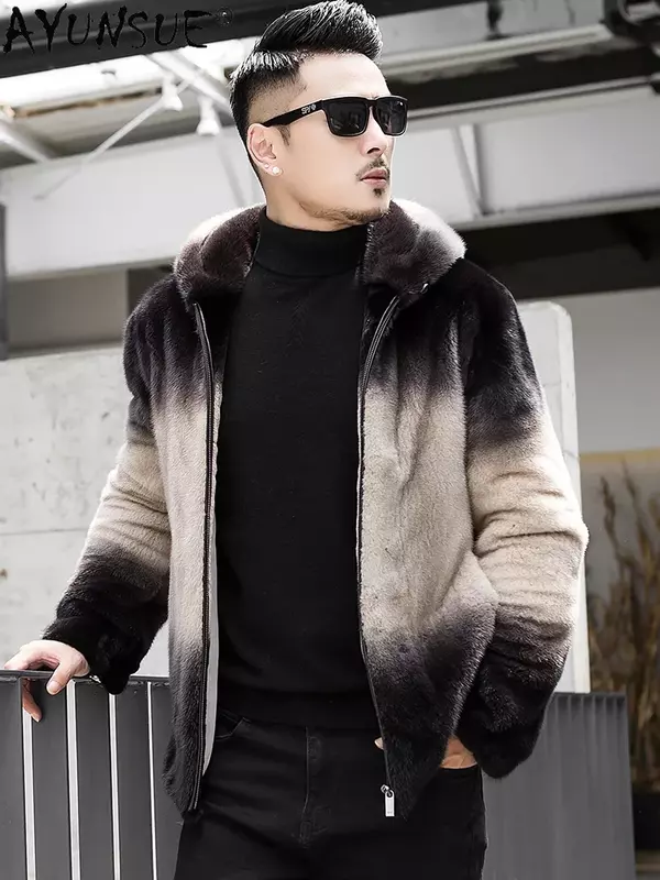 AYUNSUE Brand Real Mink Fur Jackets for Men Hooded Winter 2023 Natural Fur Coat Casual Mens Fur Jacket Coat Jaqueta Masculina