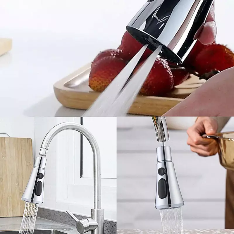Bico de respingo para chuveiro de cozinha, torneira pia, rotação 360 °, spray multifuncional, pressurizado, ajustável, extensão de três velocidades