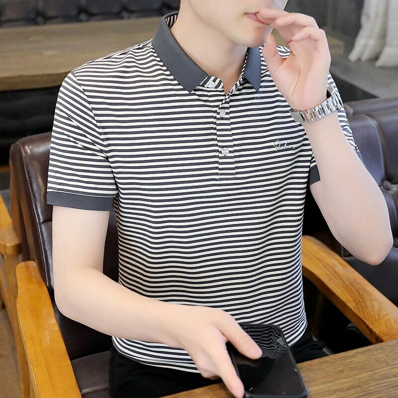 Fashion Lapel Button Spliced Business Striped Polo Shirts Men's Clothing 2024 Summer New Casual Pullovers Tops All-match T-Shirt