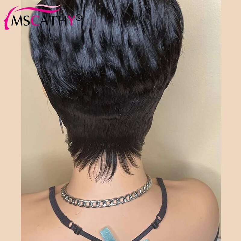Short Pixie Cut Remy Human Hair Wigs Ready To Wear Glueless Straight Natural Color Full Machine Made Bob Wig With Bangs