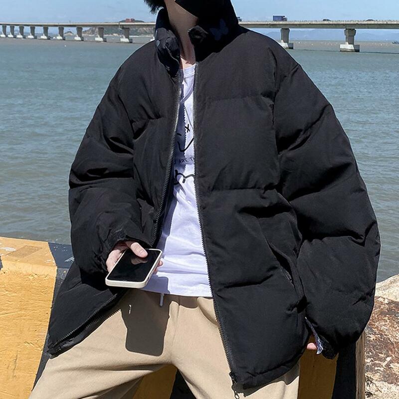 Casaco de algodão acolchoado masculino com proteção para o pescoço, casaco à prova de vento, espessado, resistente ao frio, bolsos, longo, casual, inverno