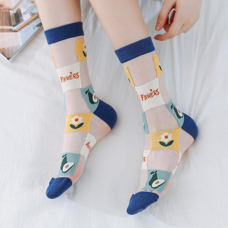 Kave Summer New Socks calzini di seta di vetro di frutta del fumetto sottile giapponese da donna Fashion Ins Trend Card calze da donna Dropshipping