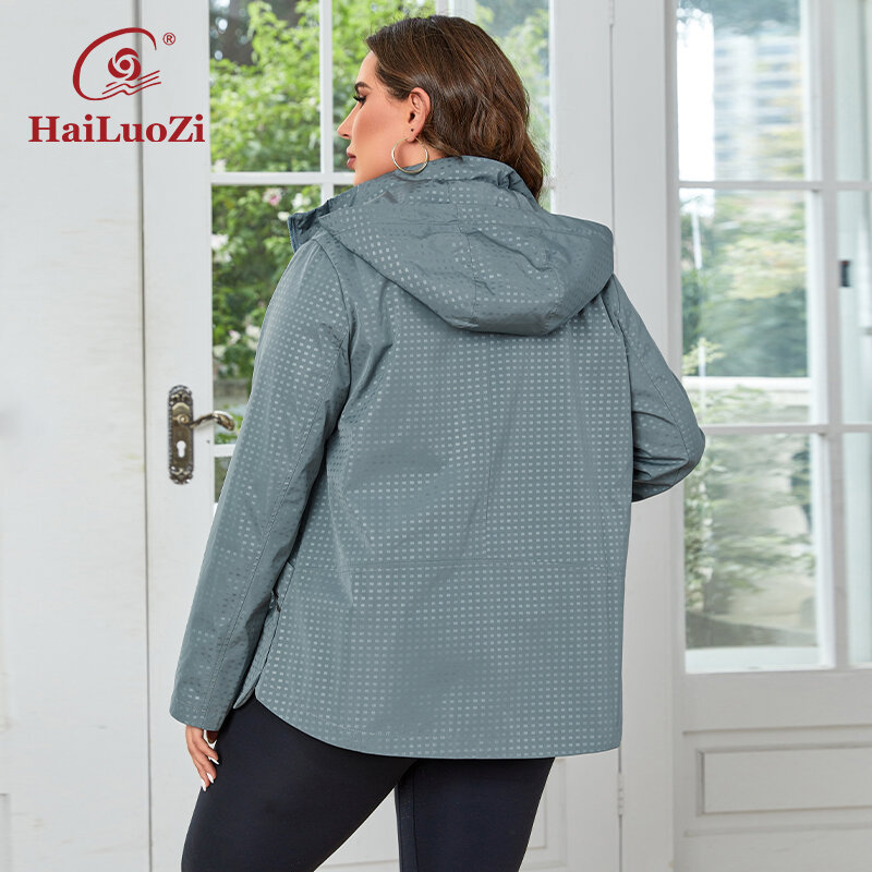 HaiLuoZi 2023 플러스 사이즈 여성 의류 짧은 트렌치 코트, 분리형 후드, 방풍 패션, 사이드 포켓, 여성 아웃웨어 727