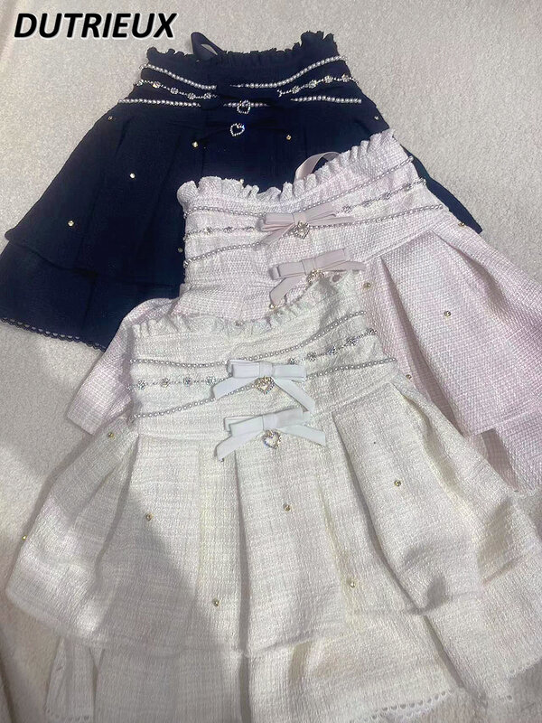 Falda corta con volantes y lazo de perlas para niña, minifalda Kawaii de cintura alta con cuentas, estilo japonés