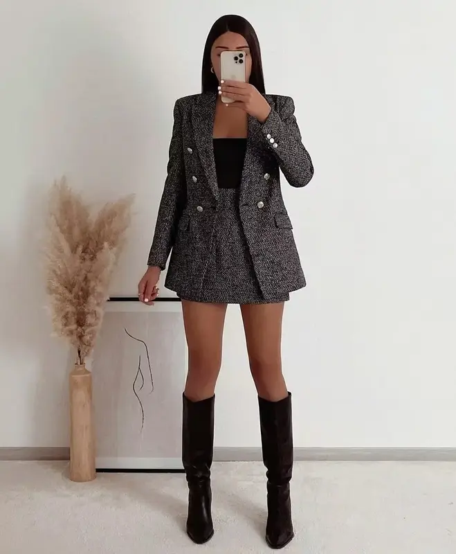 Frauen neue Mode strukturierte Zweireiher Tweed Karo schlanken Blazer Mantel Vintage Langarm Taschen weibliche Oberbekleidung Chic