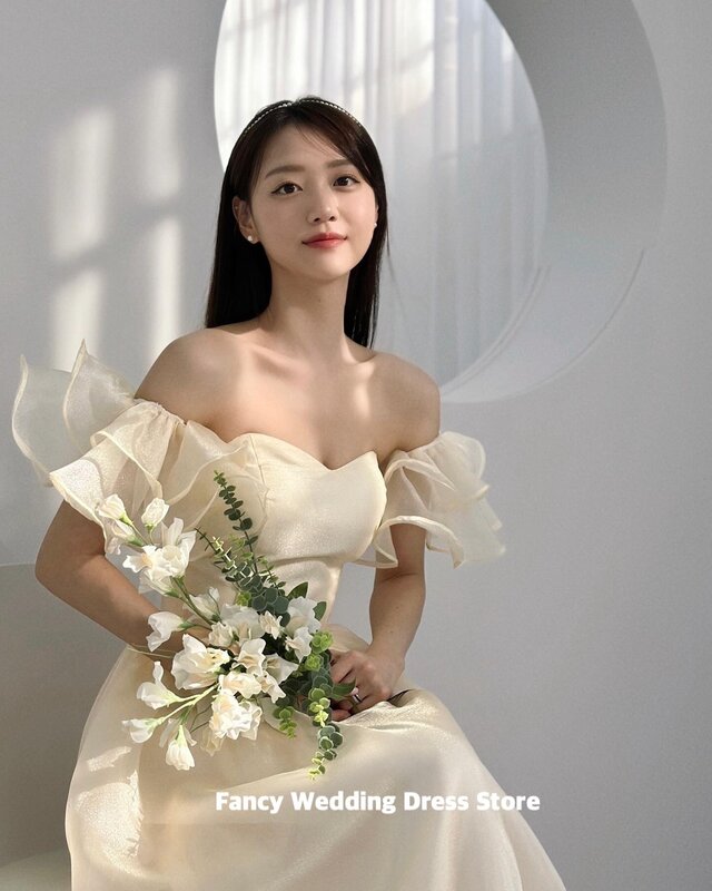 Fancy Korea Fee A Line Trouwjurk Fotoshoot Off Shoulder Glanzende Organza Bruidsjurk Vloerlengte Verjaardagsfeestjurken