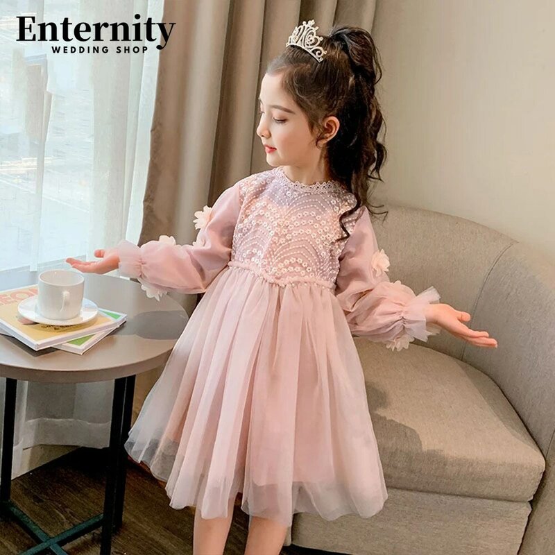 Cute Girl O Neck A-LINE Wedding Party Dress  Long Sleeve Appliques Birthday Party Knee-Length Gown First Communion Dress