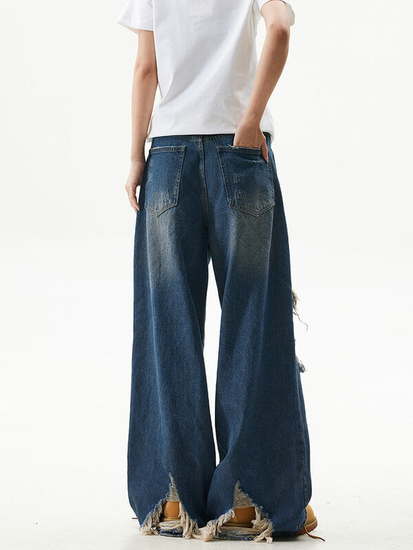 Pantalones vaqueros desgastados de estilo americano para hombre y mujer, jeans sueltos de pierna recta de calle alta, informales