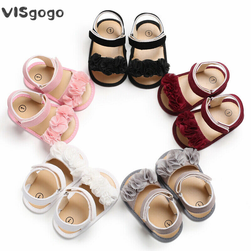 Visgogo รองเท้าแตะเด็กผู้หญิง, รองเท้าแตะน่ารักในฤดูร้อนเด็กทารกเจ้าหญิงกันลื่นลายดอกไม้แรกหัดเดิน prewalker 0-18M