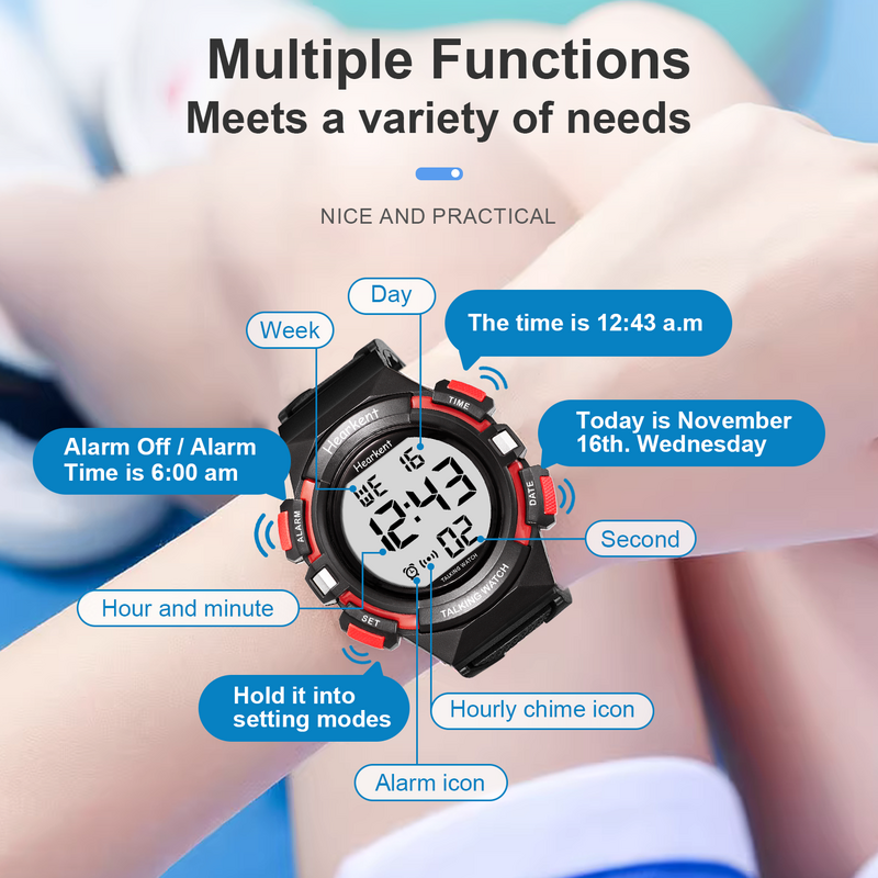 Reloj de pulsera Digital para niños y niñas, cronógrafo parlante por hora, alarma, Chrono, electrónico
