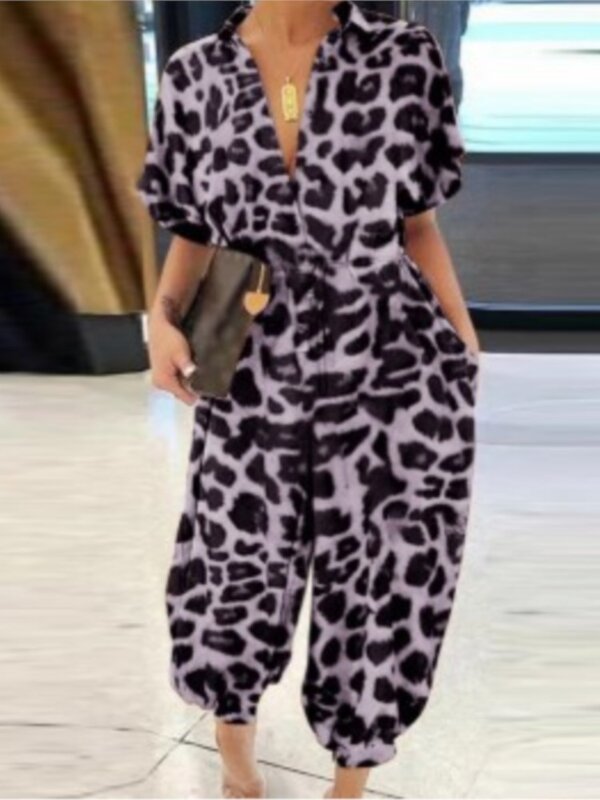 Tuta stampata leopardata donna 2024 estate nuove maniche corte Leace-up Pocket tute Casual moda Vintage Ladies body