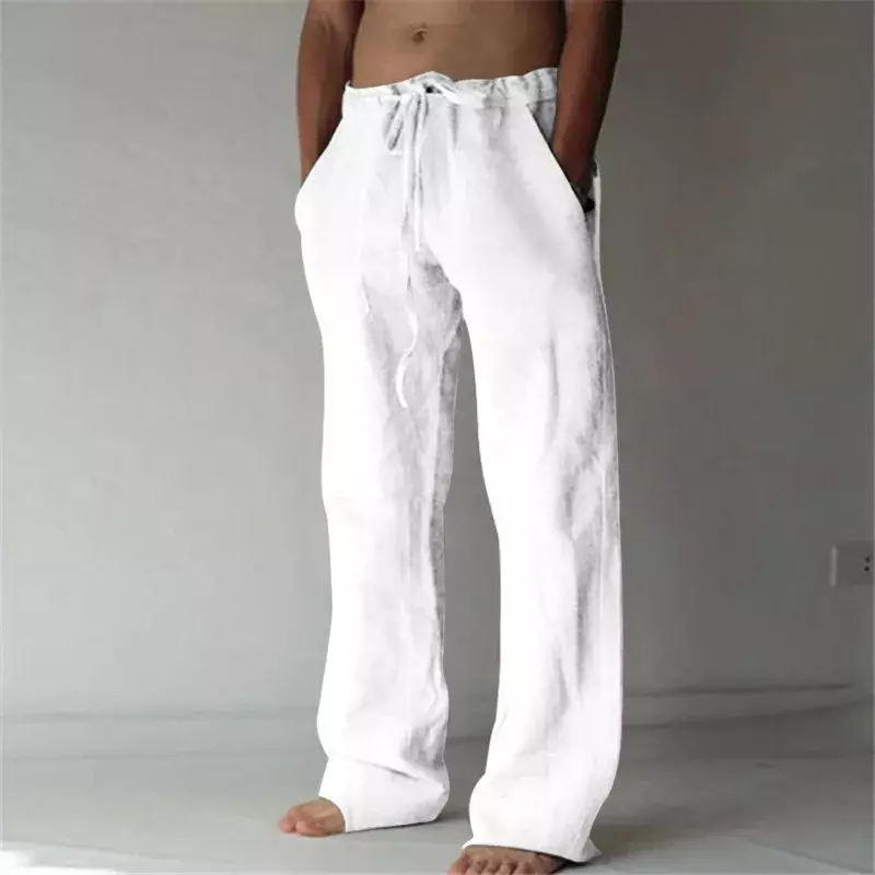 Pantalones informales rectos con múltiples bolsillos para hombre, ropa de lino de Color sólido, transpirable, cómoda, suelta, con cordón, talla grande, Verano