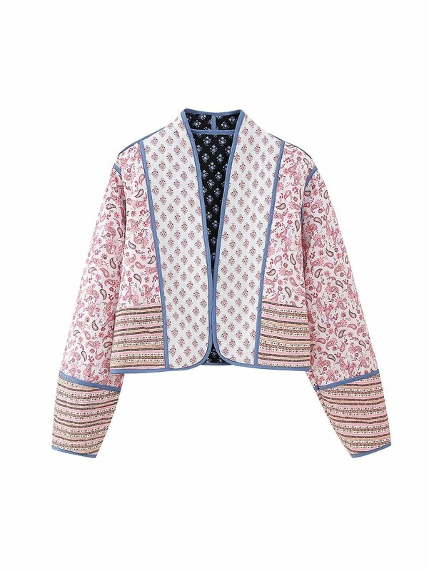 여성 꽃 프린트 비즈니스 작업복 재킷, 캐주얼 핫걸 숏 코트, 따뜻한 겨울 코튼 패딩
