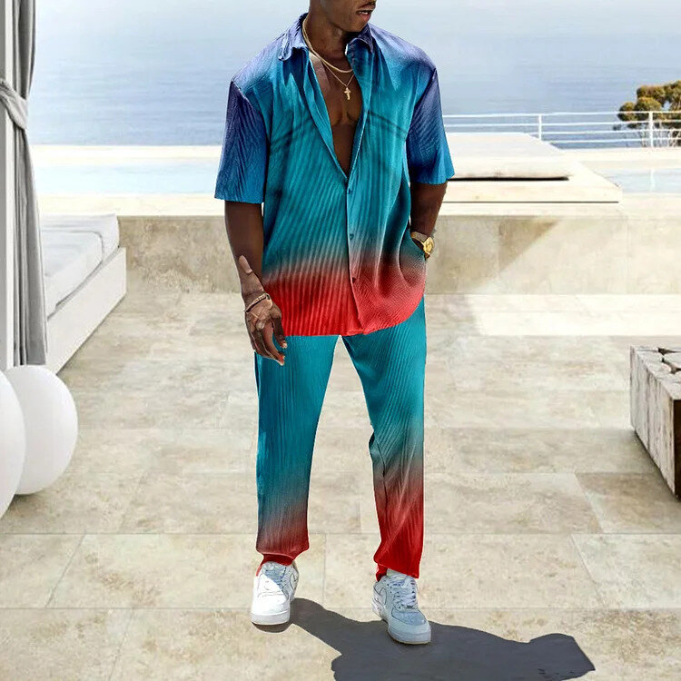 Conjunto de camisa e calça colorida geométrica estampada manga curta masculina, roupa casual, estilo férias, MB5-ML4