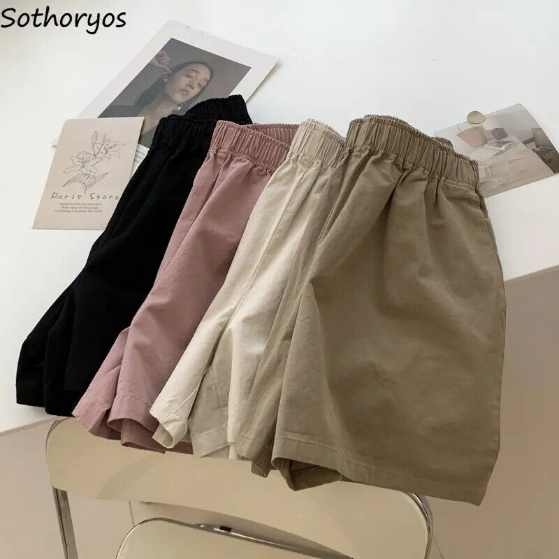 Шорты женские с эластичной завышенной талией, милые свободные повседневные однотонные универсальные удобные простые повседневные штаны в Корейском стиле для подростков, лето