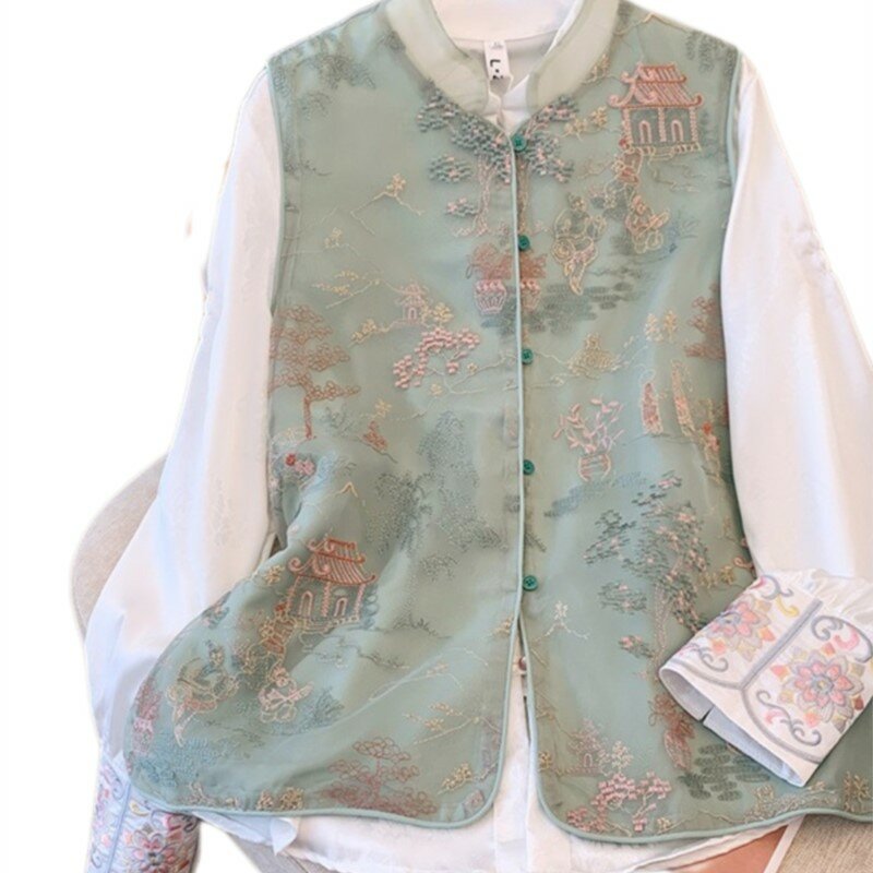 بدلة صدرية نسائية ثقيلة مطرزة من الأورجانزا ، صدرية على الطراز الصيني الجديد ، فستان بأربطة للقميص ، طقم 2 *