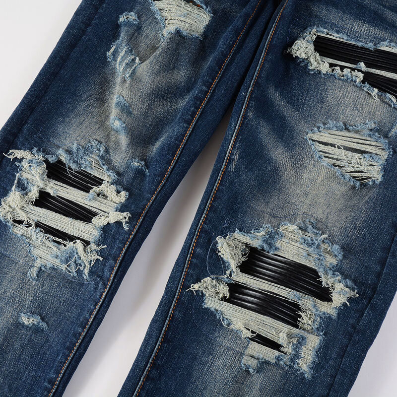 Джинсы мужские Стрейчевые темно-синие в стиле ретро, модные рваные джинсы скинни, кожаные Брендовые брюки с заплатками в стиле хип-хоп