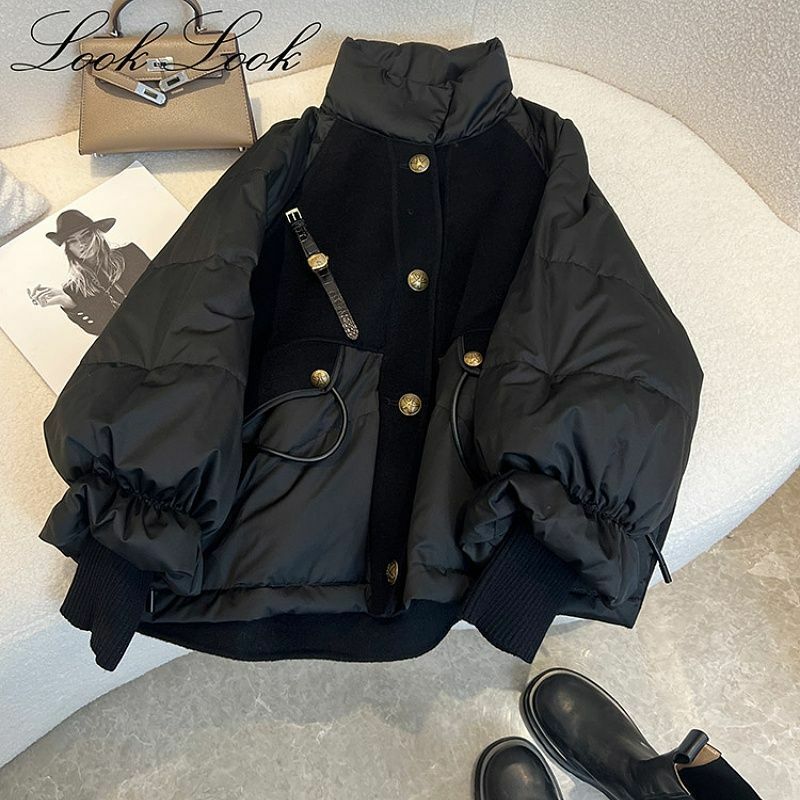 Jaqueta acolchoada de algodão feminina, casaco preto solto casual, Parkas grossas e quentes, moda feminina, gola super quente, inverno