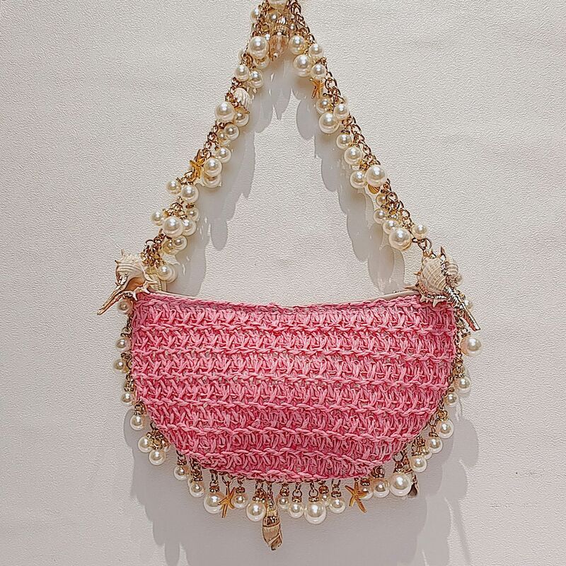 Modne perły łańcuchy słomiane torby na ramię dla kobiet Half Moon torebki ręcznie splatane letnie torba na plażę eleganckie torebki wakacyjne