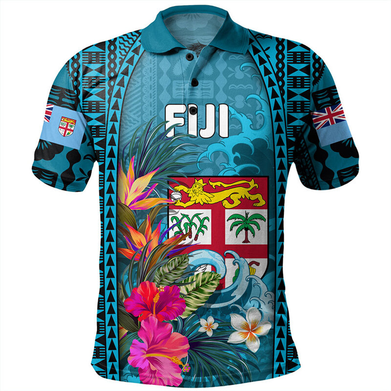 Kaos Polo pola Fiji Fashion pria wanita kemeja POLO motif 3D Hawai kemeja berkancing kasual musim panas lengan pendek