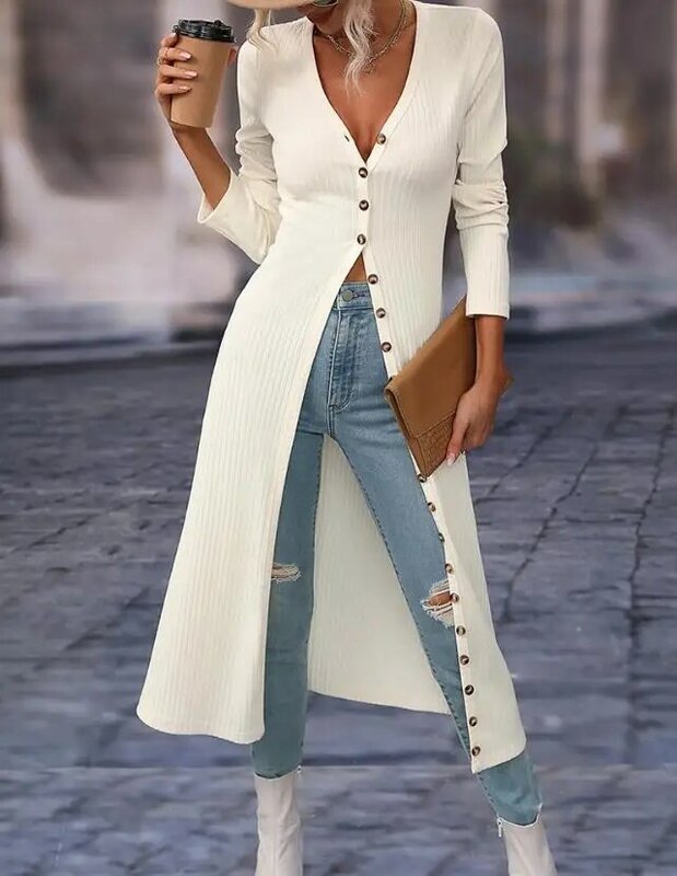 Women's Long Cardigan Coat 2023 Long Sleeve Buttoned Ribbed Longline Coat Autumn and Winter Fashion Solid Color Women's Coat