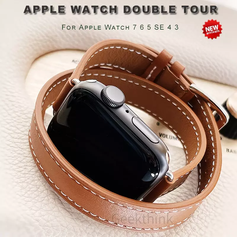 Pulseira de couro Double Tour para Apple Watch, pulseira Ultra2, 45mm, 42mm, 44mm, série 7, 6, Se, 5, 4, 3, 2, iWatch 6, 38mm, 40mm, Moda Correa