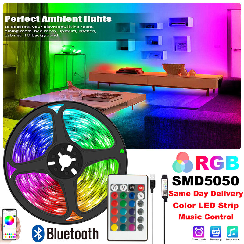 Tiras LED con Bluetooth SMD5050, cinta de cambio de Color para retroiluminación de TV, USB, 24 teclas, decoración de dormitorio, DC5V