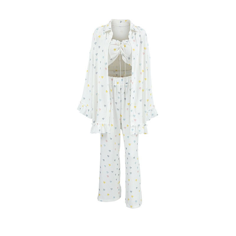 カラフルなハートプリントの純綿のパジャマ,長袖,家庭用,ファッショナブルなデザイン,夏の下着