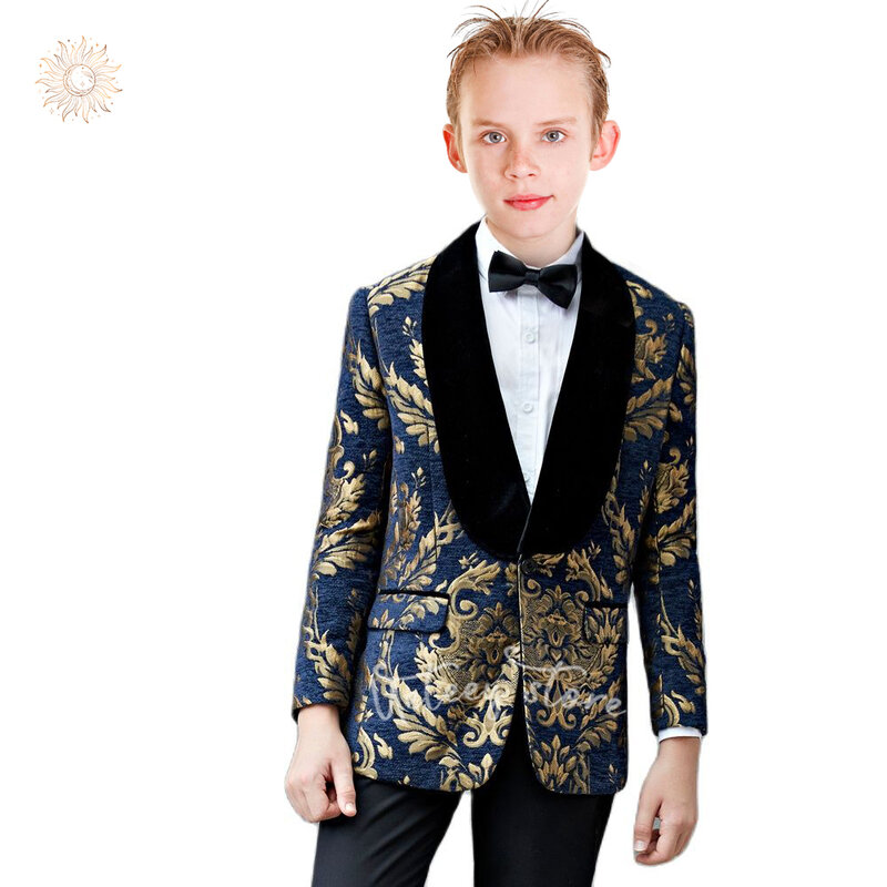 Setelan Formal anak laki-laki, jas tuksedo motif bunga 2 buah, Blazer celana pesta pernikahan makan malam