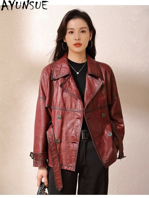 AYUNSUE 100% Real Sheepskin Coat Women High Quality Genuine Leather Jacket Elegant Double-breasted Leather Jackets Belt Outwear