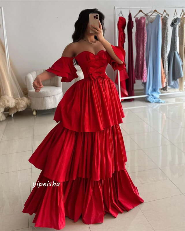 Prom Dress Saudi Arabia Satin Bow Tiered Christmas Ball Gown Off-the-shoulder Bespoke Occasion Gown Long Dresses