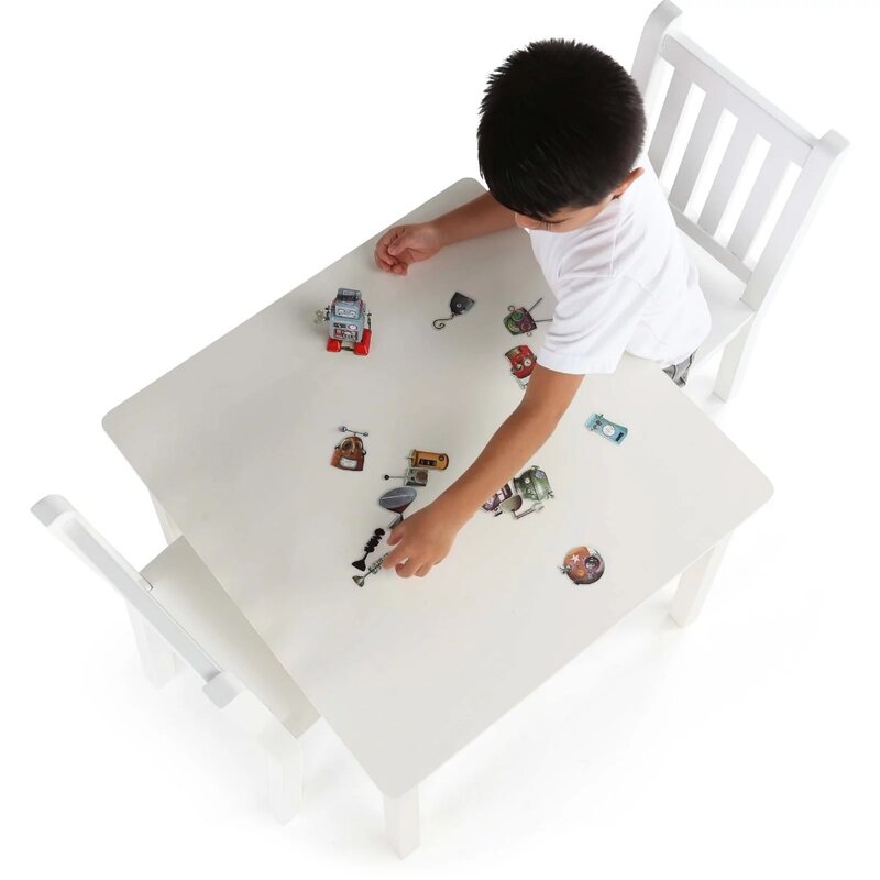 ชุดโต๊ะทรงสี่เหลี่ยมทำจากไม้สำหรับเด็กเล็กและเก้าอี้2ตัวสีขาวอายุ3ขวบขึ้นไป
