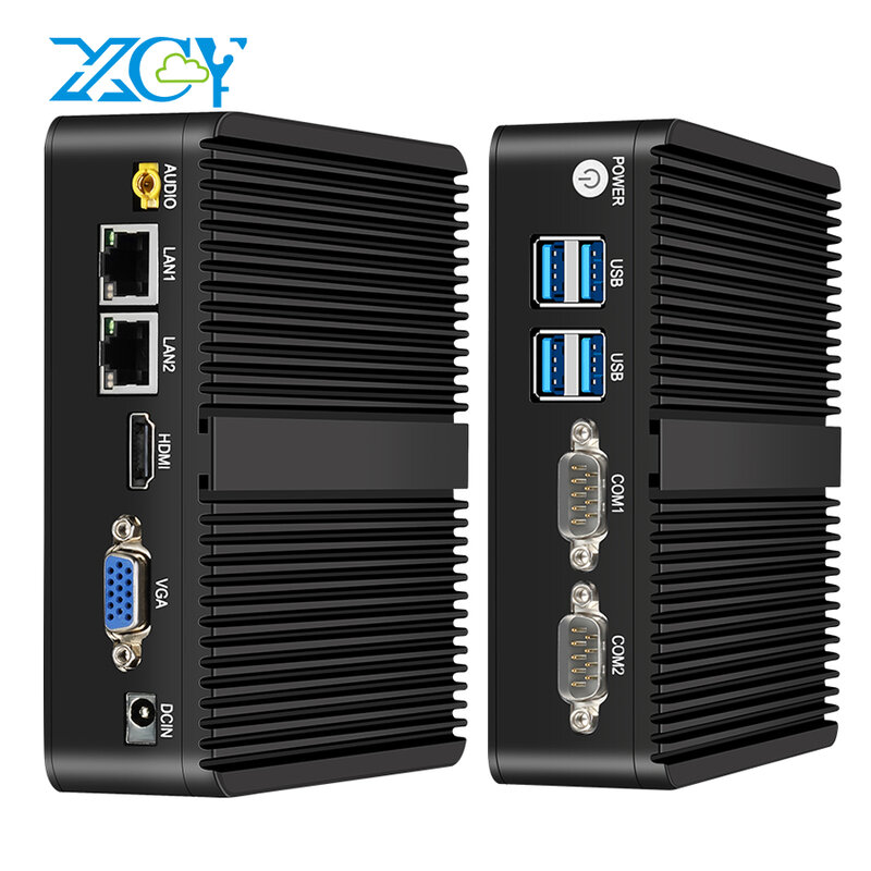 XCY Quạt Không Cánh Mini PC Intel Celeron J4125 Dual Gigabit NIC 2x RS232 HDMI VGA 4XUSB WiFi 4G Windows 10 Linux Máy Tính Công Nghiệp