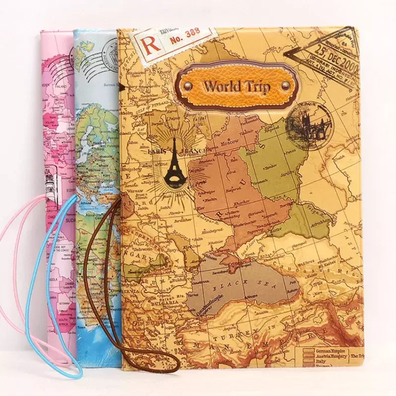 Tampa do passaporte do vintage para a identificação e o cartão de crédito, saco do couro do plutônio, projeto 3D, viagem do mundo, rosa, azul, marrom, 14*9.6cm
