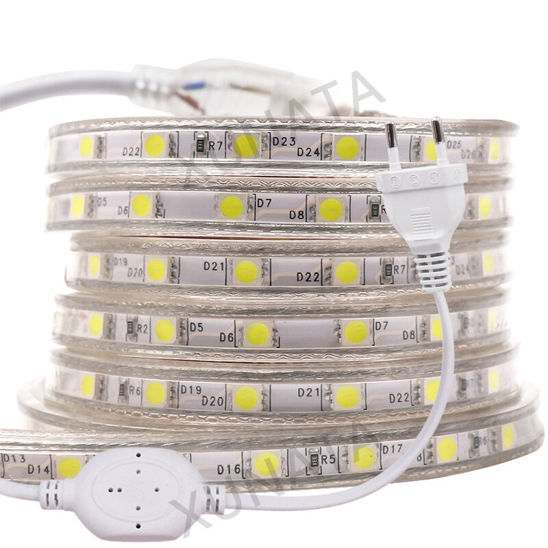 Tira de luces LED AC220V, cinta de 60LEDs/M SMD5050 Flexible con enchufe de la UE/Reino Unido, impermeable, para decoración del hogar