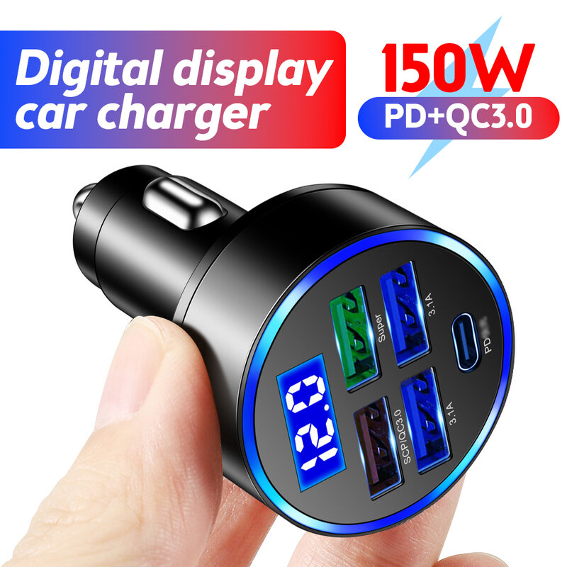 5 Ports 150W Car Charger Fast Charging PD QC3.0 USB C Car Phone Charger For iPhone 15 14 Huawei Xiaomi Car Phone Charger