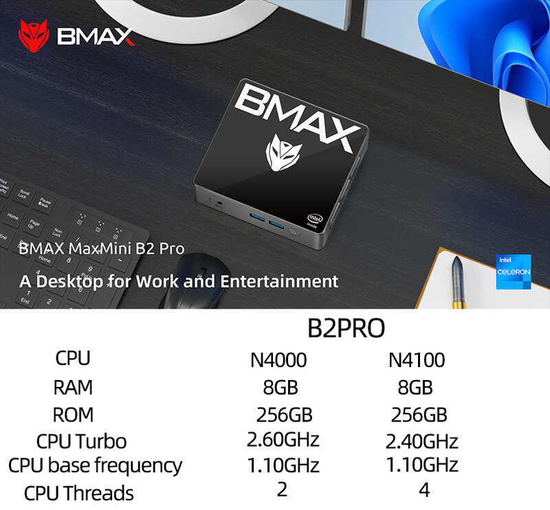 BMAX B2 Pro PC Mini Windows 11 PRO, PC Mini Windows 11 Pro OS PC semua dalam satu HDMI Intel N4000 N4100 RAM 8GB SSD 256GB grafis Intel UHD 600 1000Mbps