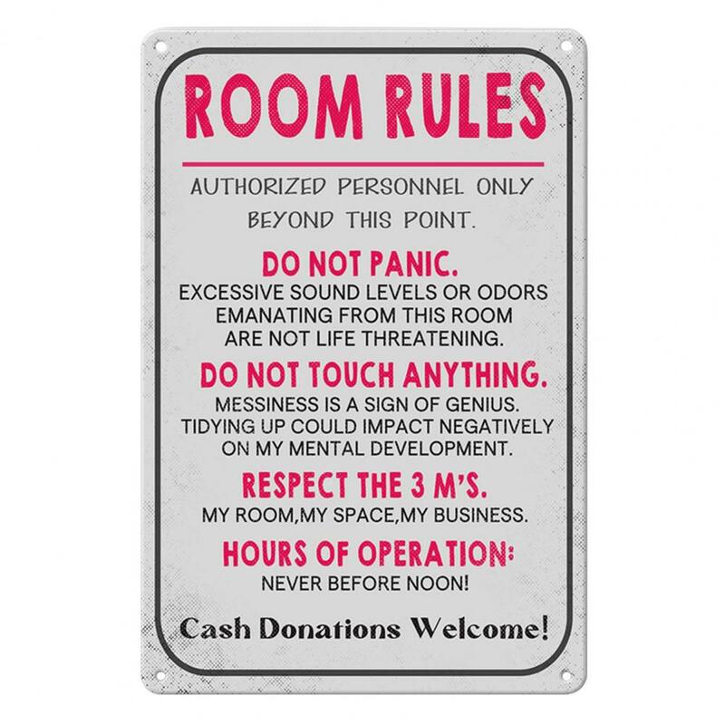 Letrero de reglas de habitación para adolescentes, niñas, niños, dormitorio de juegos, decoración de puerta de pared de aluminio, placa de reglas, regalo de cumpleaños