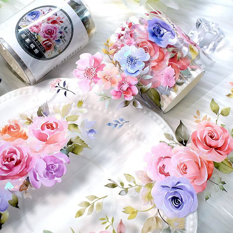 Cinta adhesiva decorativa para álbum de recortes, suministros de diario, planificador, flor Sakura, PET, Washi, rollo de 2m