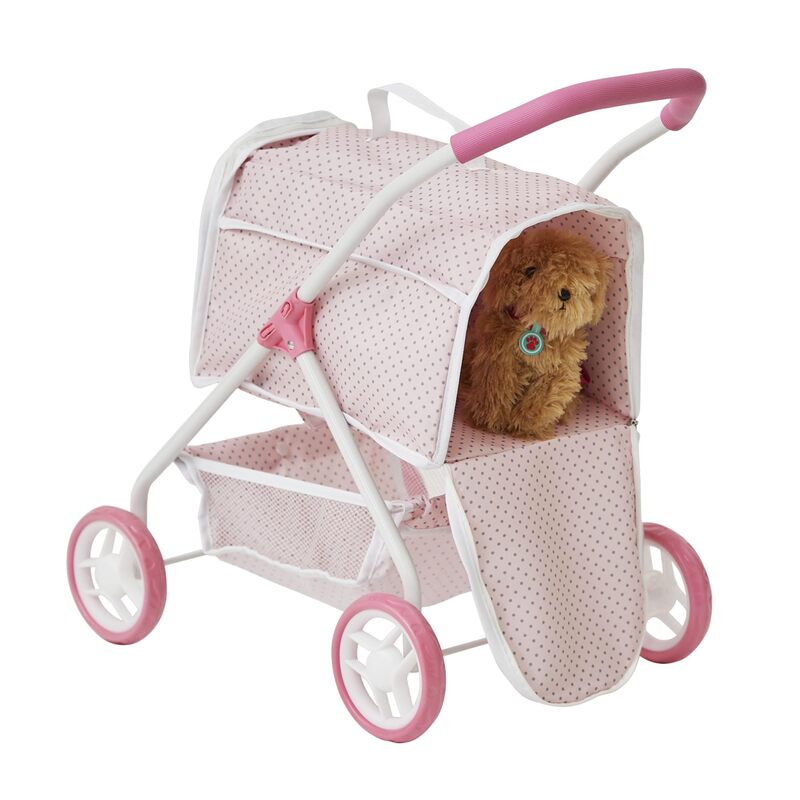 2-in-1 Pink/Gray Polka Dots Princess Stuffed Animal Stroller with Detachable Toy Carrier