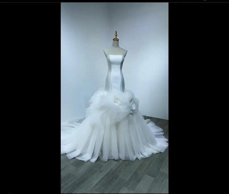 Gaun pengantin putri duyung gambar nyata gaun pengantin tanpa tali bunga dibuat sesuai pesanan kereta pengantin gaun pengantin