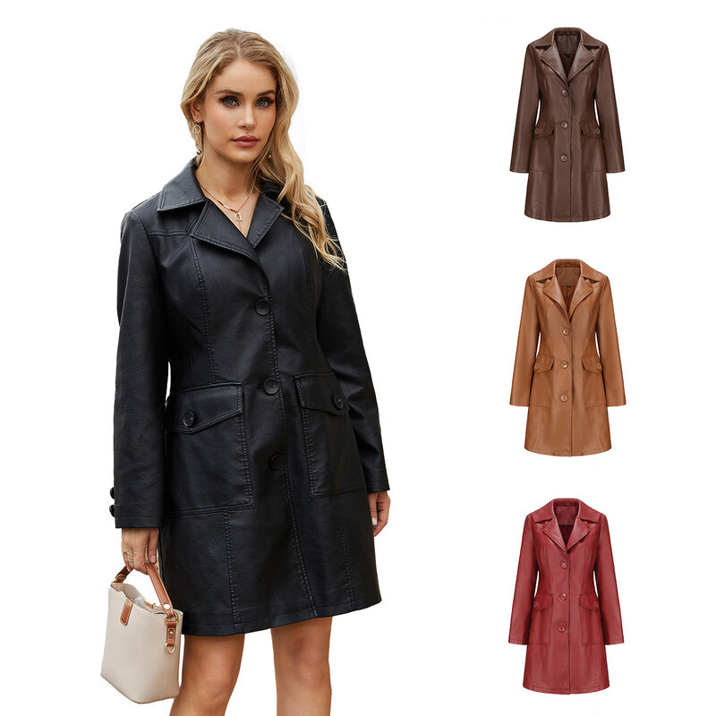 2024 New Long Style Leather Coat Spring and Autumn Long Sleeve Leather Windbreaker Fashion British Coat Women's Polo Collar