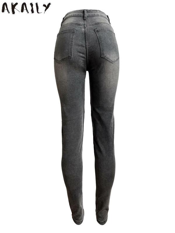 Akaily, зимняя уличная одежда, черные джинсы с дырками, Клубные наряды для женщин 2023, длинные узкие брюки с высокой талией, женские модные джинсовые брюки