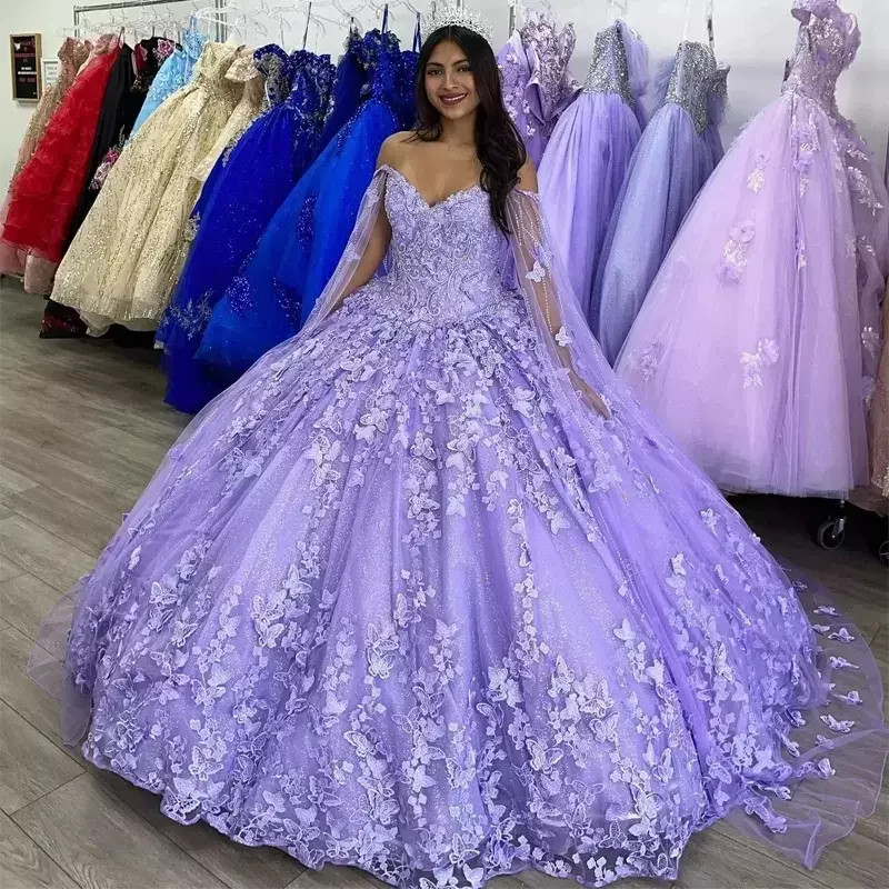 Vintage Lavender Ball Gown Quinceanera Dresses With Wrap 15th Party 3D Butterfly Lace Formal Cinderella Princess Birthday Gowns