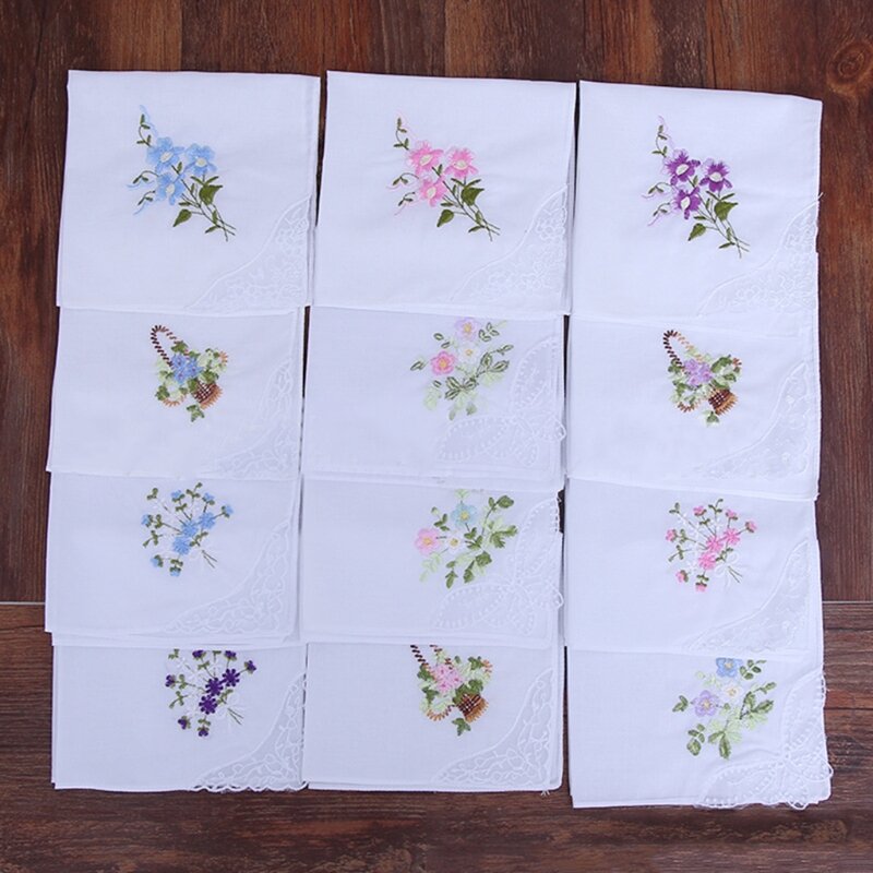 2024 New 6 Pcs Vintage Cotton Ladies Embroidered Lace Handkerchief Women Floral Hanky