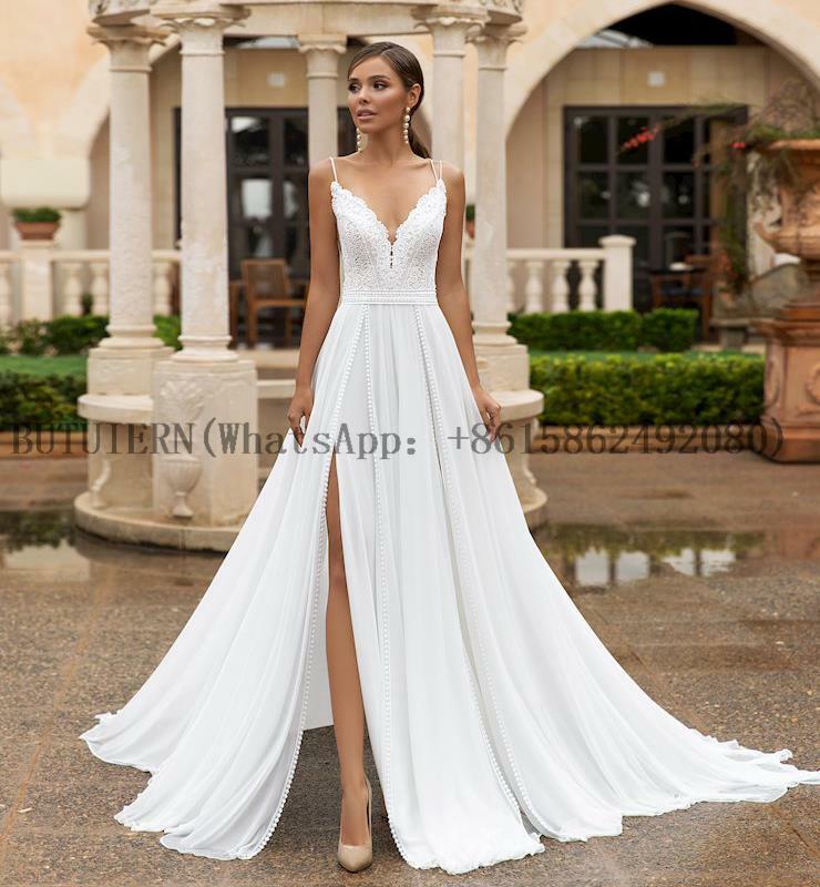 Spaghetti Straps Boho Wedding Gown Side Split Chiffon Bride Dress Back Lace Beach Bridal Gown  вечернее платье