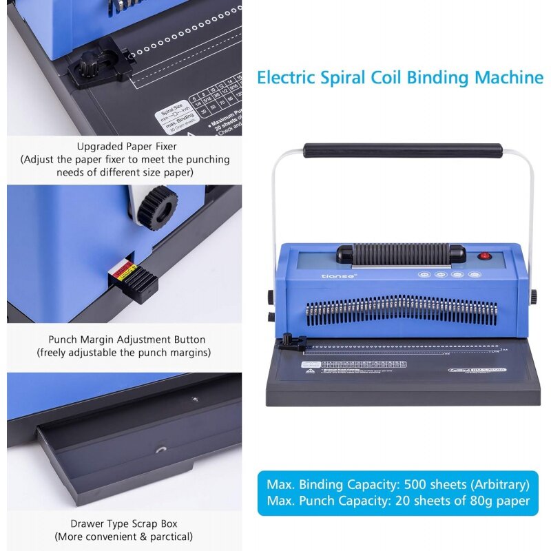 TIANSE Spiral Coil Binding Machine, Manual Book Maker Punch Binder with Electric Coil Inserter, Disengaging pins, Adjustable Sid